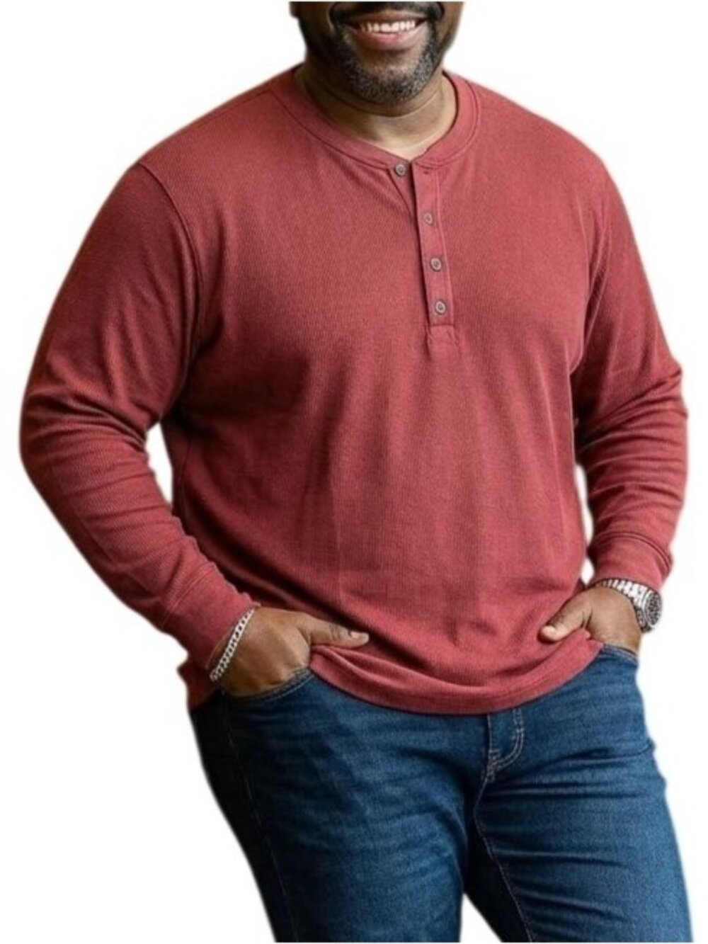 Falls Creek Mens Size XXXL Shirt Henley Waffle Knit Red Long Sleeve Button-Neck